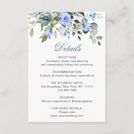 Elegant Eucalyptus Blue Rozen Weddenschap Details Informatiekaartje (Voorkant)