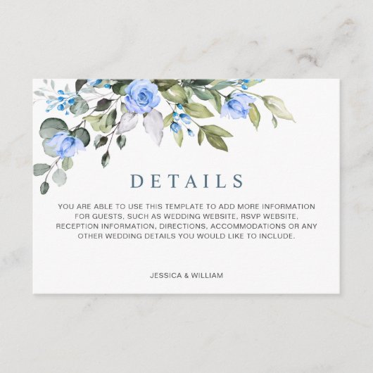 Elegant Eucalyptus Blue Rozen Weddenschap Details Informatiekaartje (Voorkant)
