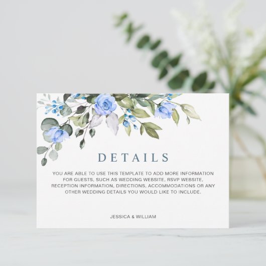 Elegant Eucalyptus Blue Rozen Weddenschap Details Informatiekaartje (Staand voorkant)