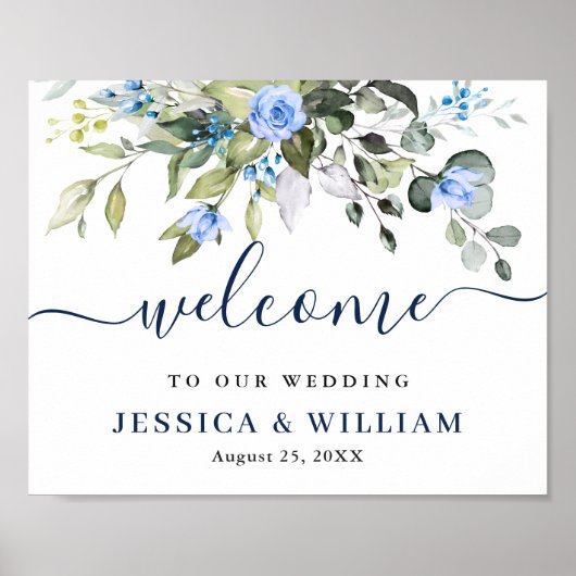 Elegant Eucalyptus Blue Rozen Weddenschap Welkom Poster (Voorkant)