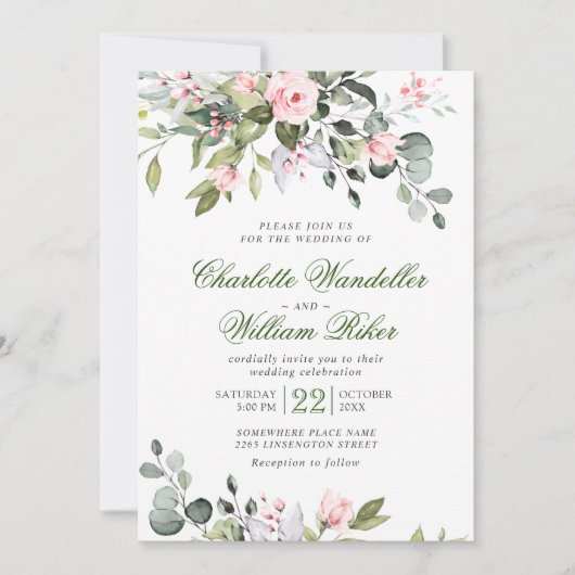 Elegant Eucalyptus Blush Rozen Greenery Wedding Kaart (Voorkant)