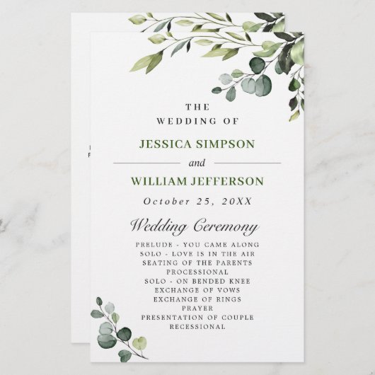 Elégant Eucalyptus Boho Mariage programme de cérém (Devant / Derrière)