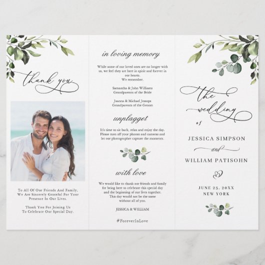 Elégant Eucalyptus Boho Mariage programme de cérém (Devant)