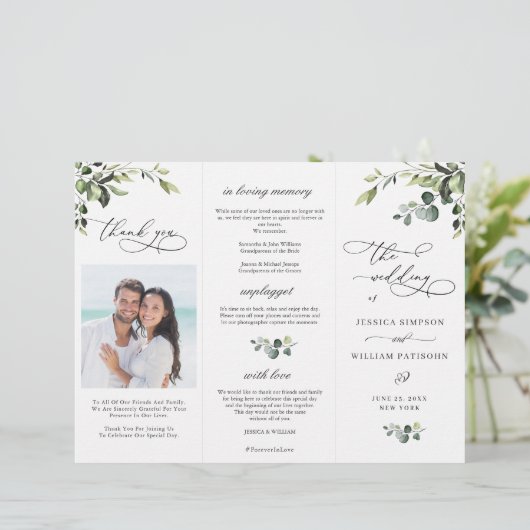 Elégant Eucalyptus Boho Mariage programme de cérém (Debout devant)