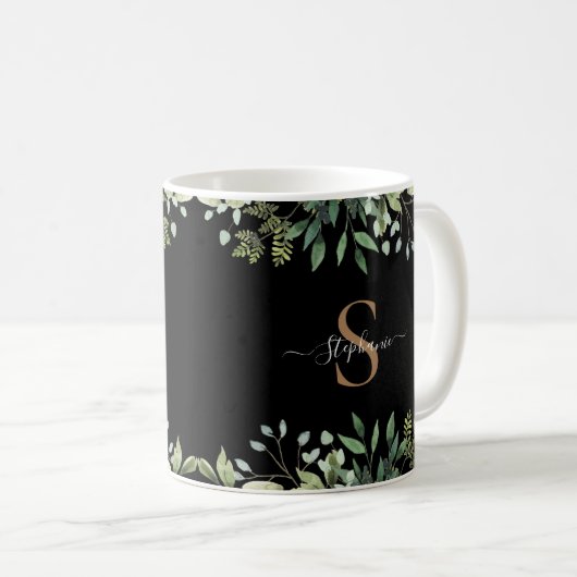 Elegant Eucalyptus Botanisch Goud Monogram Script Koffiemok (Voorkant rechts)