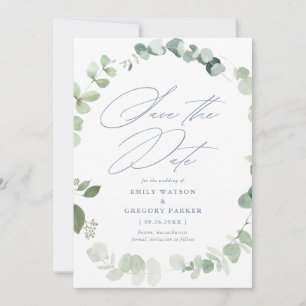 Elegant Eucalyptus Calligraphy Dusty Blue Wedding Save The Date