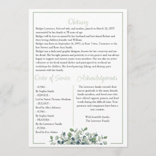 Elegant Eucalyptus Celebrating Life Of - Funeral Programma (Achterkant)