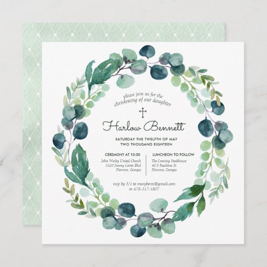 Elégant Eucalyptus Christening Invitation (Devant / Derrière)