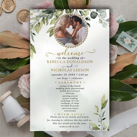 Elégant Eucalyptus Custom Photo Wedding Programme
