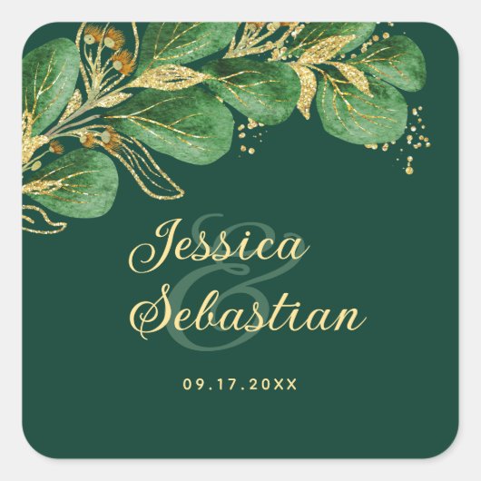 Elegant Eucalyptus Emerald Green and Gold Wedding Vierkante Sticker (Voorkant)