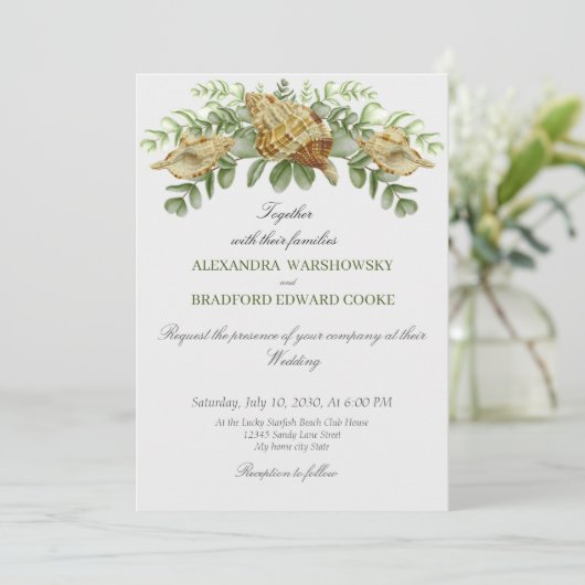 Elegant Eucalyptus en Seashell Wedding Invitation (Staand voorkant)