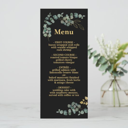 Elégant Eucalyptus Feuille Faux Gold Mariage Menu (Debout devant)