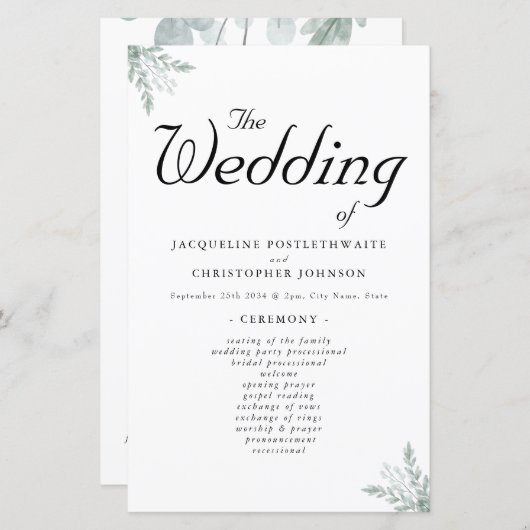 Elegant Eucalyptus Floral Wedding Ceremony Program (Voorkant / Achterkant)