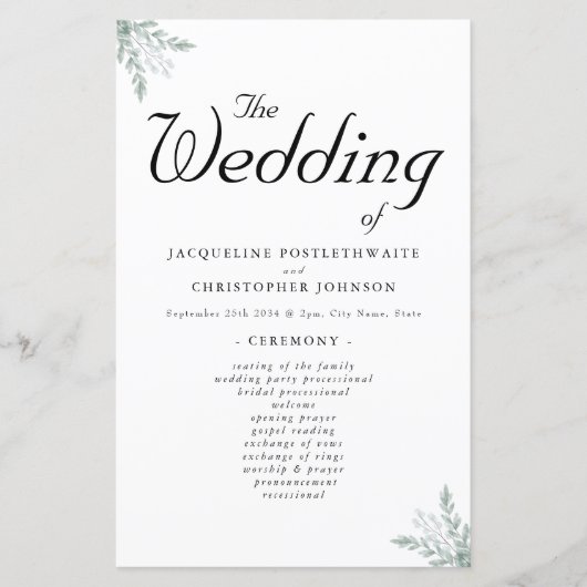 Elegant Eucalyptus Floral Wedding Ceremony Program (Voorkant)