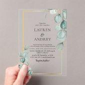 Elegant Eucalyptus Gold Frame Wedding Acryl Uitnodigingen (Insitu (Draagbaar))