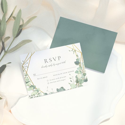 Elegant Eucalyptus & Gold Geometric Wedding RSVP