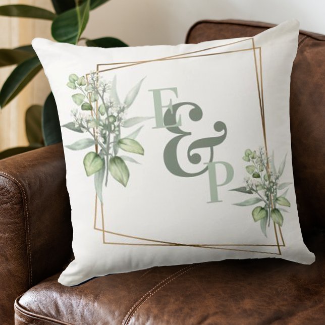 Elegant Eucalyptus Gold Lijst Monogram Initiaal Kussen (Creator heeft geüpload)