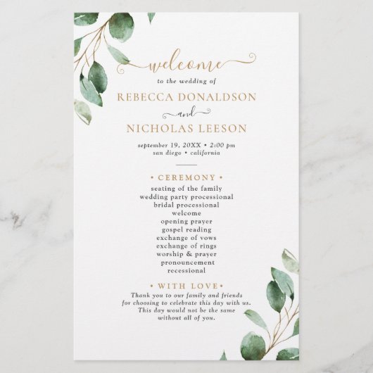 Elégant Eucalyptus Gold Programme de mariage vert (Devant)