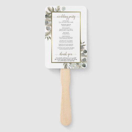 Elegant Eucalyptus & Golden Pine Wedding Program Handwaaier (Achterkant)