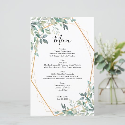Elégant Eucalyptus Green Gold Mariage Menu (Debout devant)
