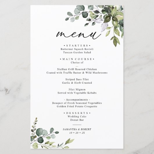 Elégant Eucalyptus Green Menu Mariage simple (Devant)