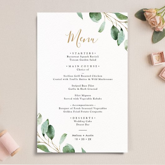 Elégant Eucalyptus Green Menu Mariage simple