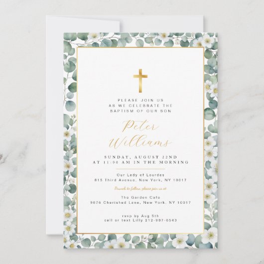 Elegant Eucalyptus Greenery Baptism Invitation Kaart (Voorkant)