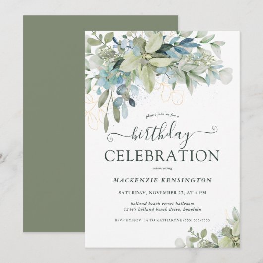 Elegant Eucalyptus Greenery Birthday Celebration Kaart (Voorkant / Achterkant)