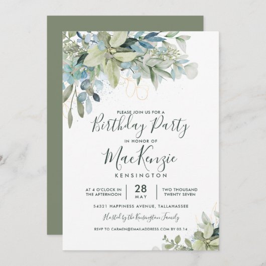 Elegant Eucalyptus Greenery Birthday Party Kaart (Voorkant / Achterkant)