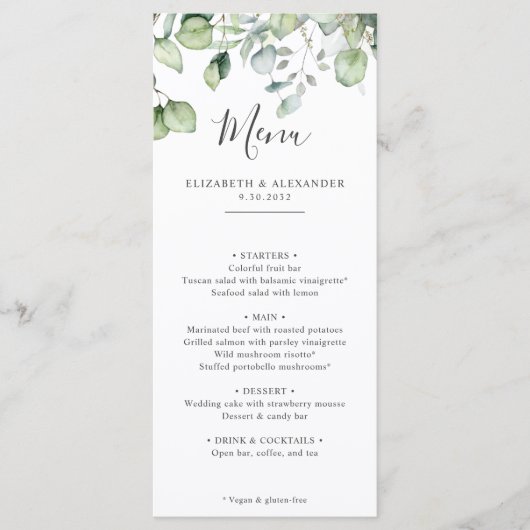Elegant eucalyptus greenery bruiloft bedankt menu (Voorkant)