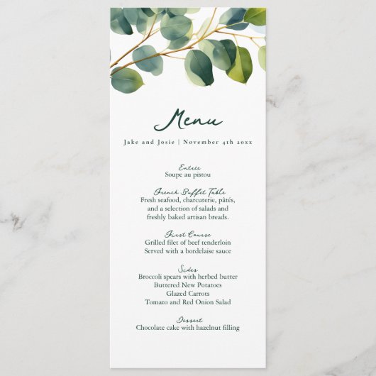 Elégant Eucalyptus Greenery Carte Menu Mariage (Devant)