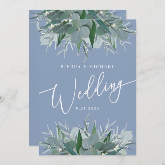 Elegant Eucalyptus Greenery Dusty Blue Wedding Kaart (Voorkant / Achterkant)