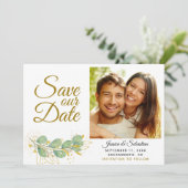Elegant Eucalyptus Greenery Foto Weddenschap Save The Date (Staand voorkant)