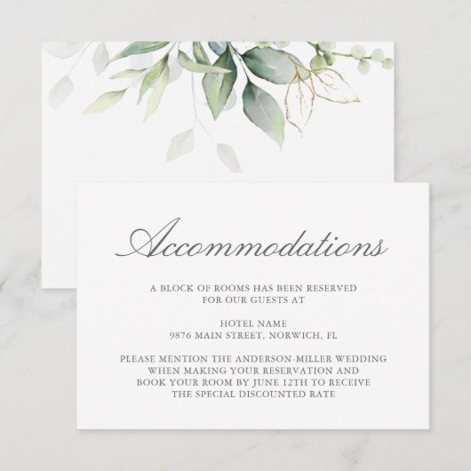 Elegant Eucalyptus Greenery Gold Accommodations Informatiekaartje (Voorkant / Achterkant)
