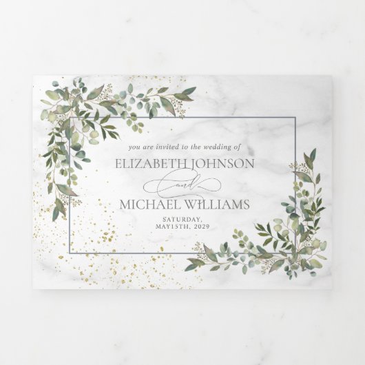 Elegant Eucalyptus Greenery Gold Marble Photo Drieluik Uitnodiging (Cover)