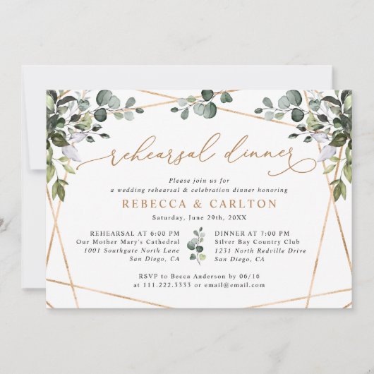 Elegant Eucalyptus Greenery Gold Rehearsal Dinner Kaart (Voorkant)