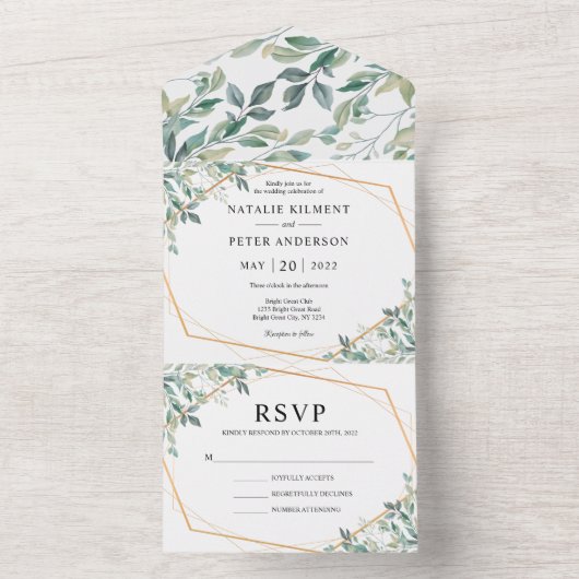 Elegant Eucalyptus Greenery Gold Rustic Wedding All In One Uitnodiging (Binnen)
