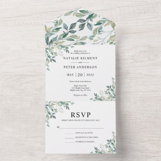 Elegant Eucalyptus Greenery Green Rustic Wedding All In One Uitnodiging (Binnen)