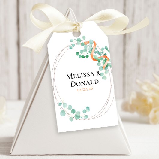 Elegant Eucalyptus Greenery Peach Floral Wedding Cadeaulabel
