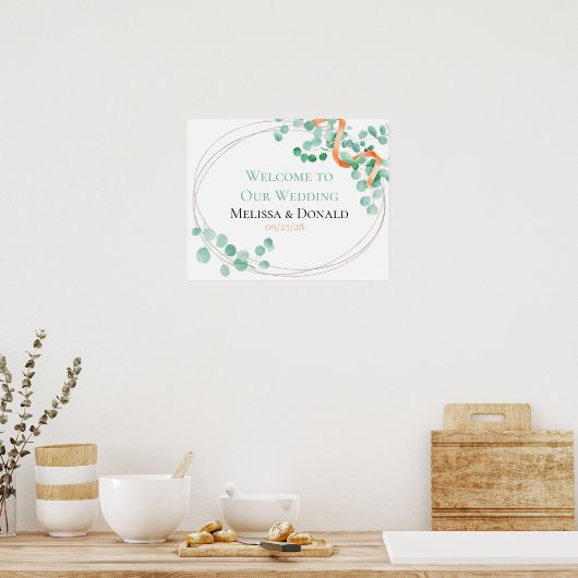 Elegant Eucalyptus Greenery Peach Floral Wedding Poster (Keuken)