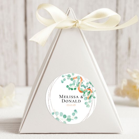 Elegant Eucalyptus Greenery Peach Floral Wedding Ronde Sticker