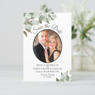 Elegant Eucalyptus Greenery & Photo White Wedding Save The Date