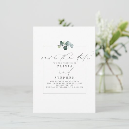 Elegant Eucalyptus Greenery slaat de datum op Aankondiging (Staand voorkant)