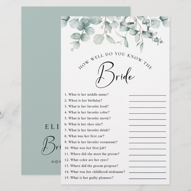 Elegant Eucalyptus Greenery Vrijgezellenfeest Game (Voorkant / Achterkant)