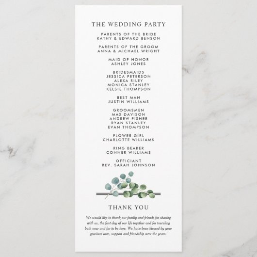 Elegant Eucalyptus Greenery Wedding Ceremony Programma (Achterkant)