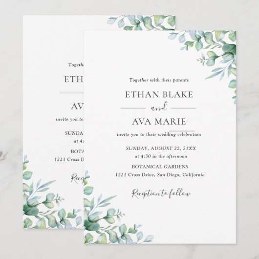 Elegant Eucalyptus Greenery Wedding Invitation Kaart (Voorkant / Achterkant)