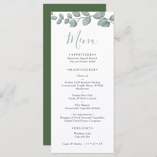 Elegant Eucalyptus Greenery Wedding Menu Card (Devant / Derrière)