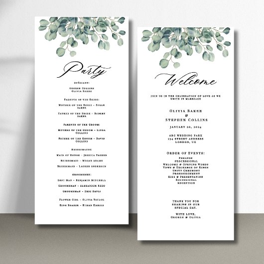 Elegant Eucalyptus Greenery Wedding Programme