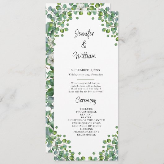 Elegant Eucalyptus Greenery Wedding Programme Programma (Voorkant / Achterkant)