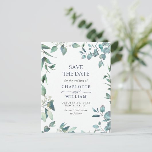 Elegant Eucalyptus Greenery Wedding Save the Date Briefkaart (Staand voorkant)